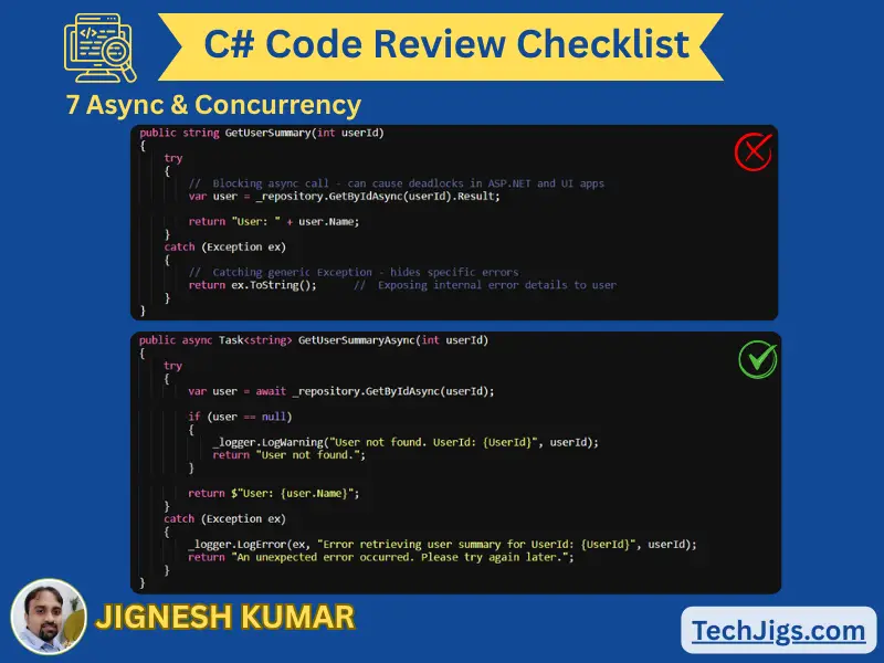 C# async/await code comparison showing bad blocking patterns vs. best practices for concurrency