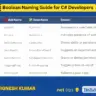 Visual guide showing correct and incorrect boolean variable names in C#, using prefixes like IsActive, HasErrors, CanDelete with brief explanations.