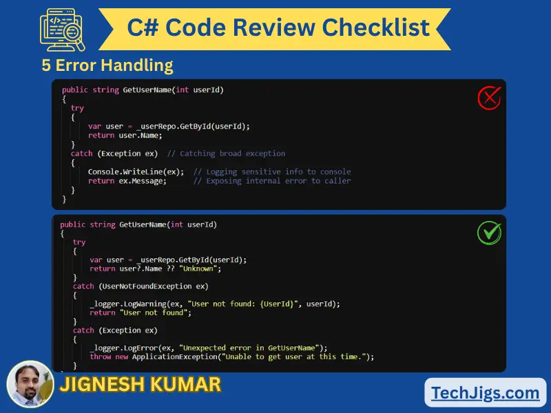 C# error handling comparison showing proper try-catch usage, structured logging, and user-friendly messages