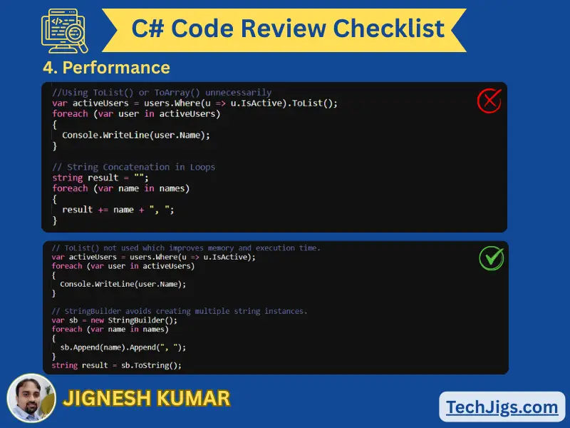 A side-by-side comparison of performance pitfalls and optimized C# code, including examples like avoiding unnecessary ToList(), using StringBuilder, and reducing redundant operations.