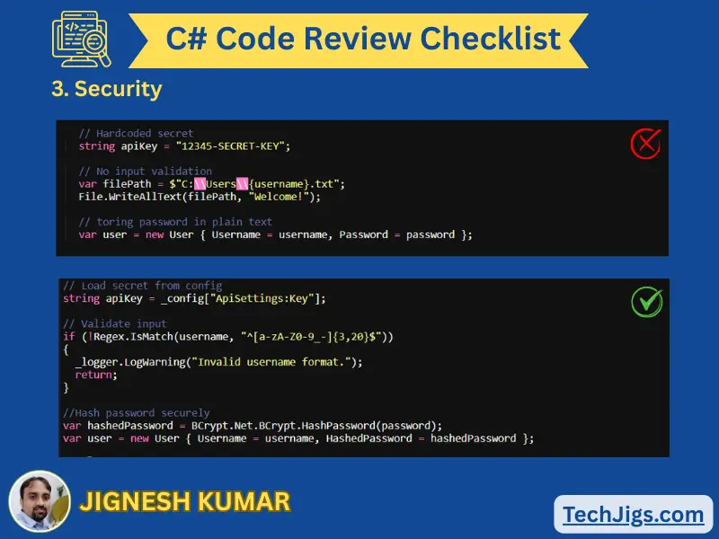 Secure and insecure C# code examples showing best practices for application security
